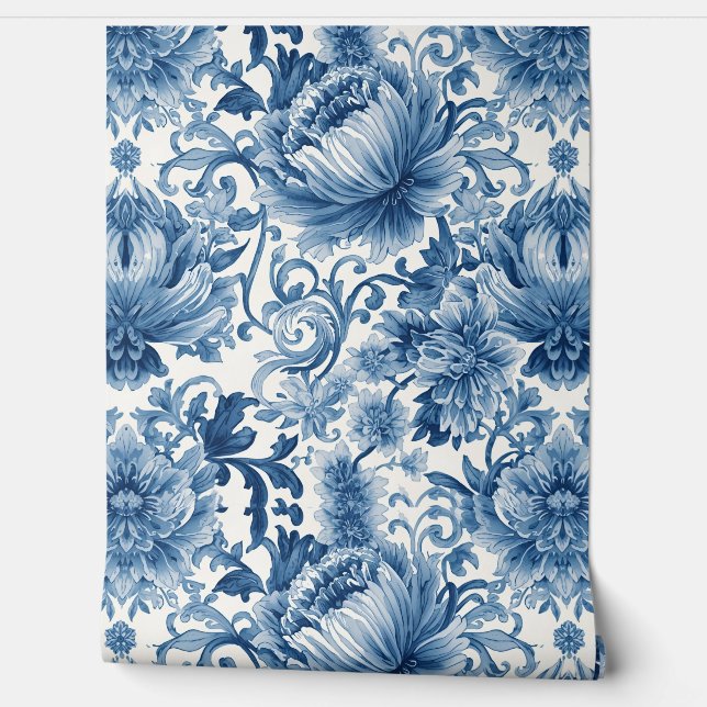 Blue Dreams | Floral Watercolor Chinoiserie Wallpaper (Unrolling)
