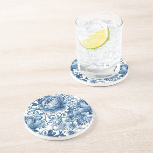 Blue Dreams   Floral Watercolor Chinoiserie White Coaster