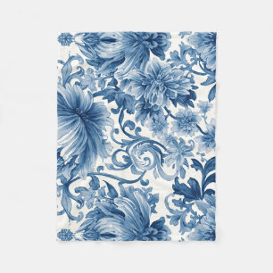Blue Dreams Floral Watercolor Chinoiserie White Fleece Blanket