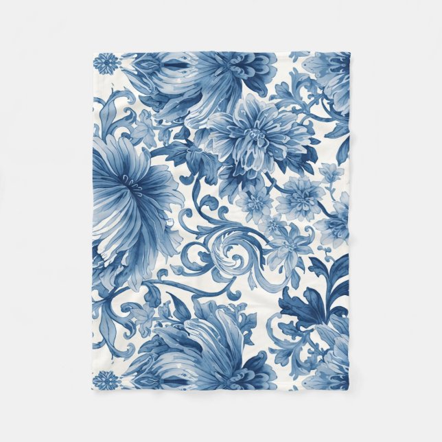 Blue Dreams | Floral Watercolor Chinoiserie White Fleece Blanket (Front)