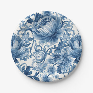 Blue Dreams   Floral Watercolor Chinoiserie White Paper Plate