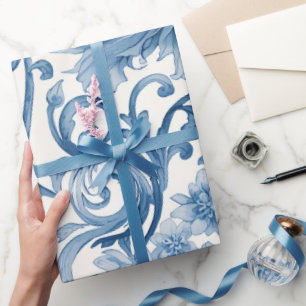 Blue Dreams Floral Watercolor Chinoiserie White Wrapping Paper