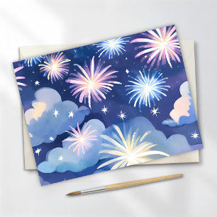 Blue Dreamy Clouds Firework Stars Watercolor Postcard