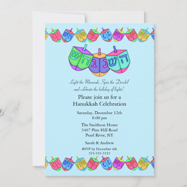 Blue Dreidel Hanukkah Celebration Invitation (Front)