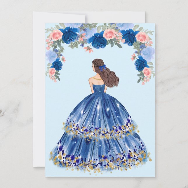 Blue Dress And Floral Quinceanera Invitation (Back)