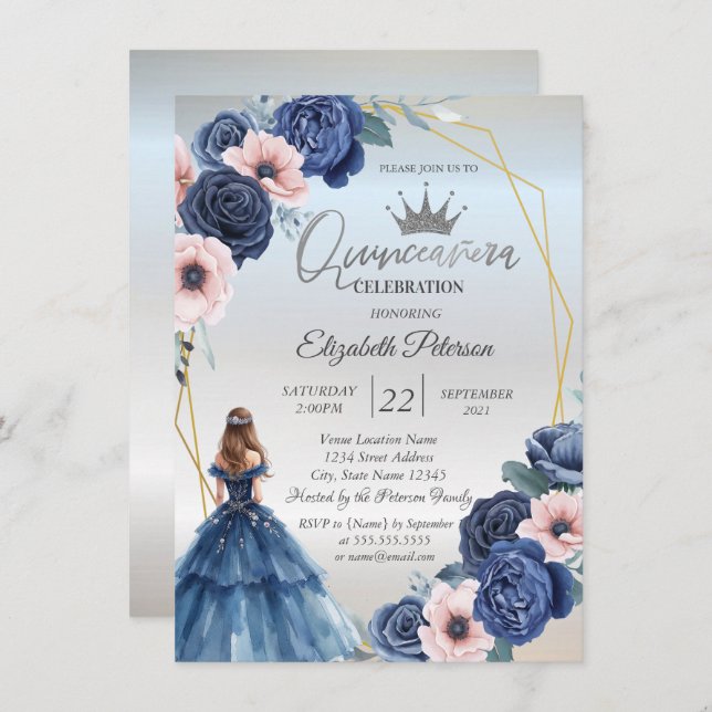 Blue Dress,Blue Flowers Frame  Invitation (Front/Back)