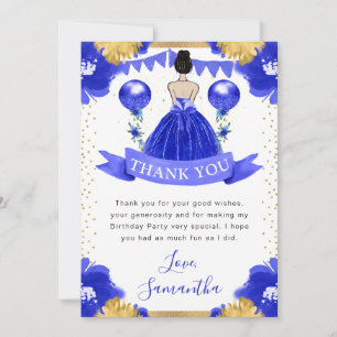 Blue Dress Brunette Haired Princess Birthday Thank You Card
