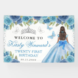 Blue Dress Dark Skin Princess Floral Birthday Banner