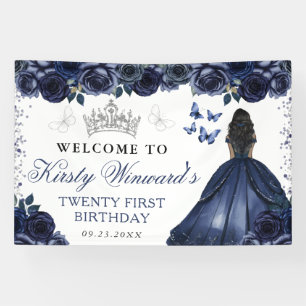 Blue Dress Dark Skin Princess Floral Birthday Banner