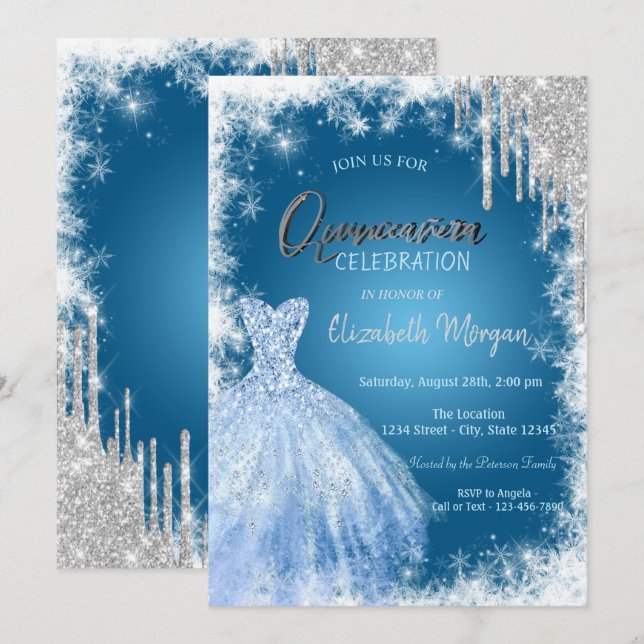 Blue Dress Glitter Drips Quinceañera  Invitation (Front/Back)