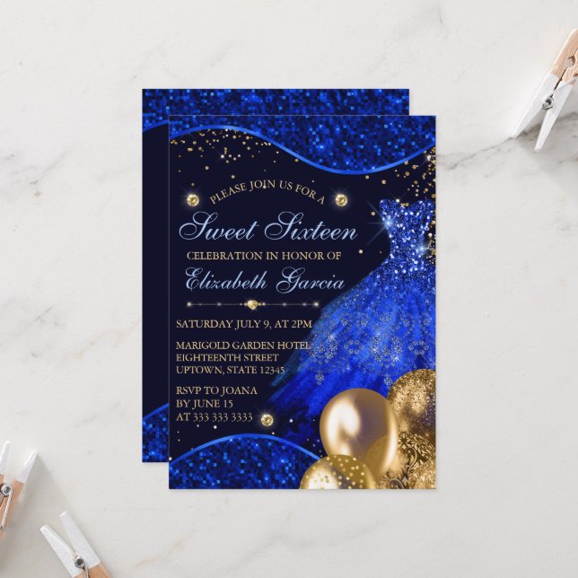 Blue Dress & Gold Glitter Balloons Sweet 16 Invitation (Front/Back In Situ)