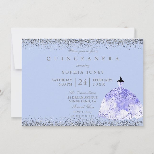 Blue Dress Silver Glitter Quinceanera Party Invite (Back)