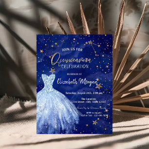 Blue Dress Stars Galaxy Quinceañera  Invitation