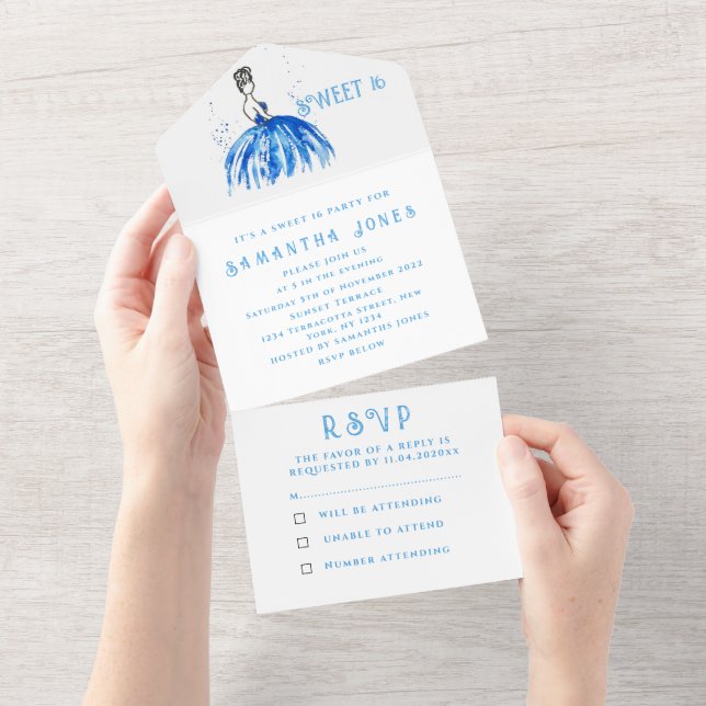 Blue Dress Sweet 16 Floral Sixteen Girly Elegant All In One Invitation (Tearaway)