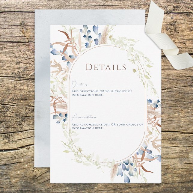 Blue Dried Boho Flowers White Wedding Details Card (Creator Uploaded)