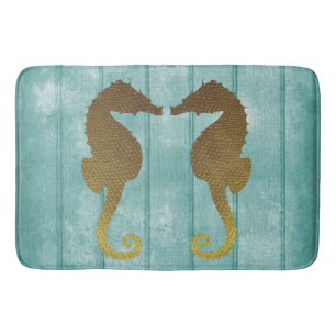 Blue Driftwood with Gold Seahorses Bath Mat