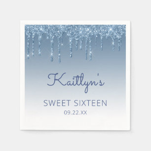 Blue Dripping Glitter Glam Sweet 16 Party Napkin