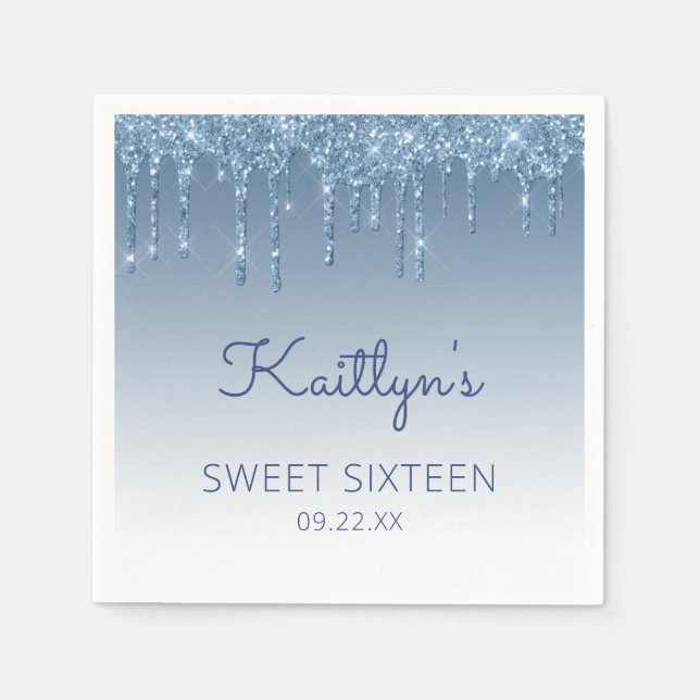 Blue Dripping Glitter Glam Sweet 16 Party Napkin (Front)