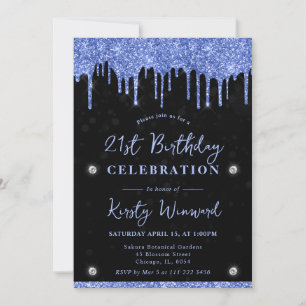 Blue Dripping Glitter on Black Bokeh 21st Birthday Invitation