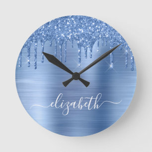 Blue Dripping Glitter Personalized Round Clock