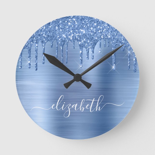 Blue Dripping Glitter Personalized Round Clock (Front)