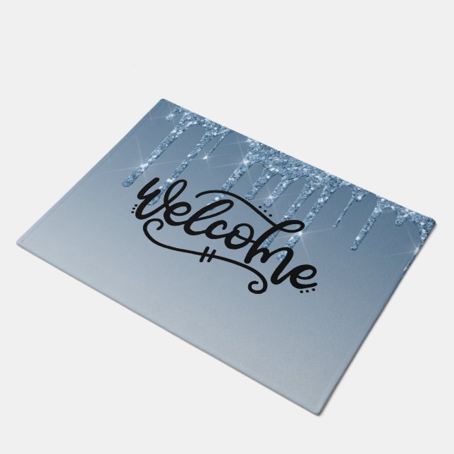 Blue Dripping Glitter Welcome Doormat (Angled)