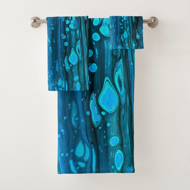 Blue Drops Acrylic Pouring Abstract Fluid Art   Bath Towel Set (Insitu)