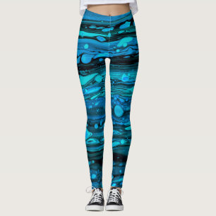 Blue Drops Acrylic Pouring Abstract Fluid Art Leggings