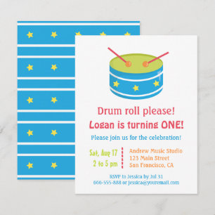 Blue Drum Roll Boy First Birthday Party Invitation
