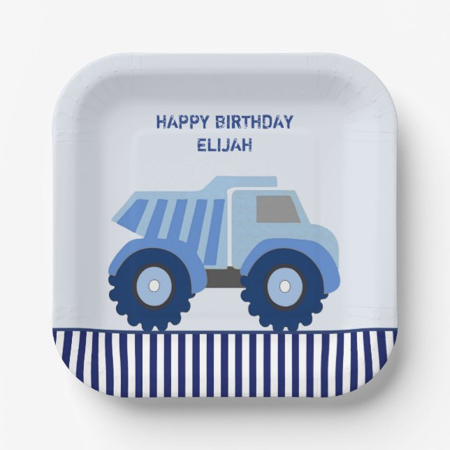 Blue Dump Truck Custom Kid's Birthday Paper Plate (Front)