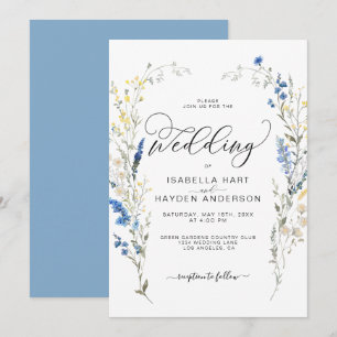 Blue Dusty Yellow Dainty Floral Botanical Wedding  Invitation