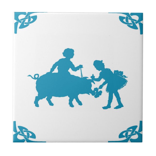 Blue Dutch Kids & Pig Delft Tile (Front)