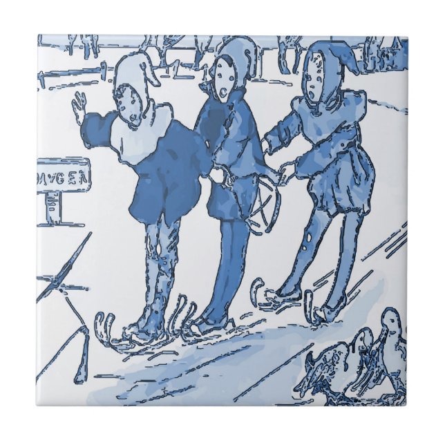 Blue Dutch Kids Skiing Tile (Front)