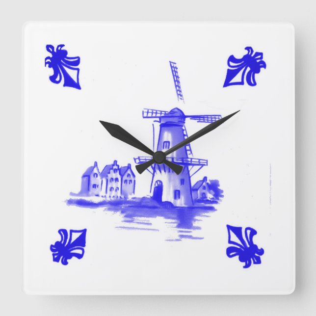 Blue Dutch Wind Mill Square Wall Clock (Front)