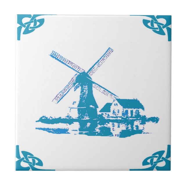 Blue Dutch Windmill Delft Look Tile (Front)