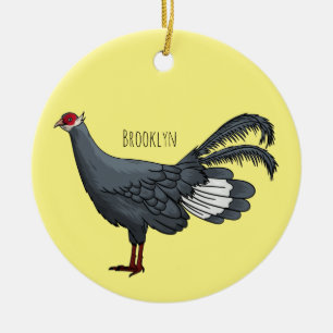 Blue eared pheasant bird cartoon illustration ceramic ornament