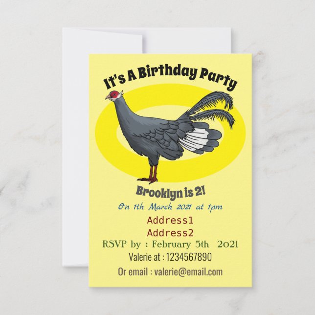 Blue eared pheasant bird cartoon illustration invitation (Front)
