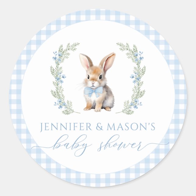 Blue Easter bunny baby boy shower round stickers (Front)