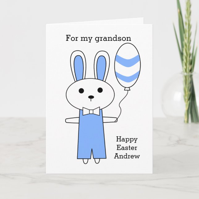 Blue Easter Bunny Grandson Holiday Card (Front)