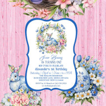 Blue Easter Bunny Pink Floral Wreath 1st Birthday