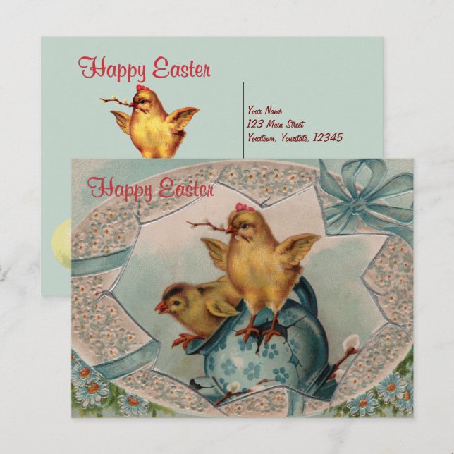 Blue Easter Egg and Chicks Vintage Postcard (Front/Back)