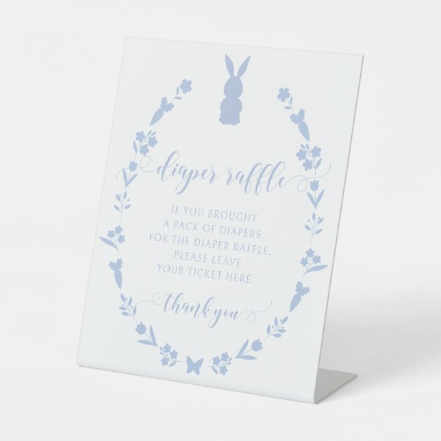 Blue Easter rabbit baby boy shower diaper raffle Pedestal Sign (Front)