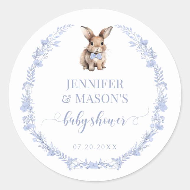 Blue Easter rabbit bunny baby boy shower stickers (Front)
