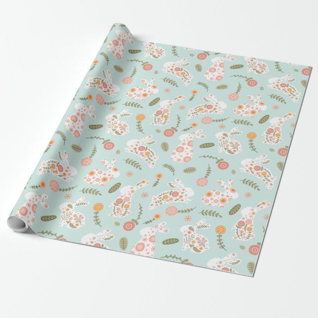 Blue Easter Rabbit Illustration Abstract Bunny Wrapping Paper (Unrolled)