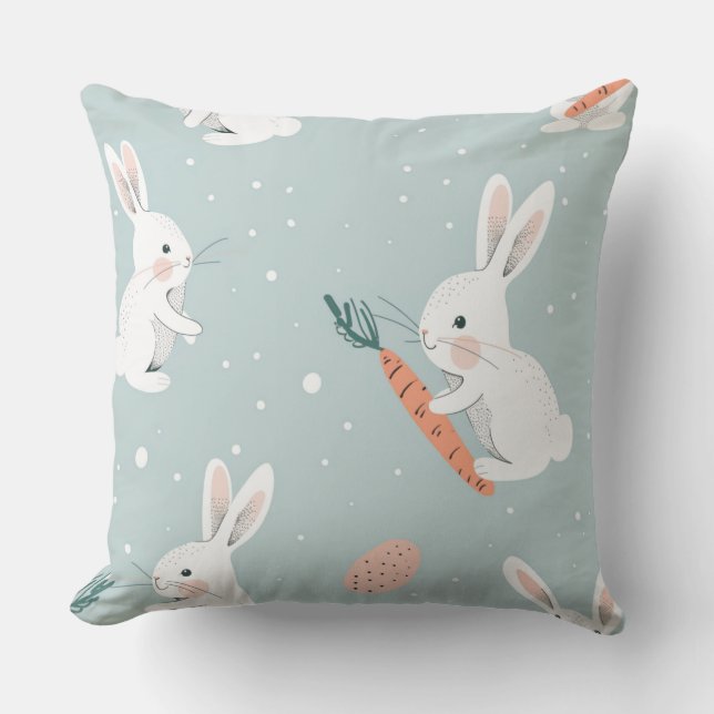 Blue Easter with Bunny & Carrot Throw Pillow (Front)