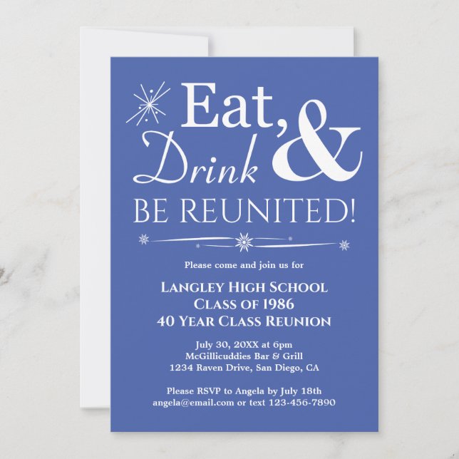 Blue Eat Drink Be Reunited Retro Class Reunion Invitation (Front)