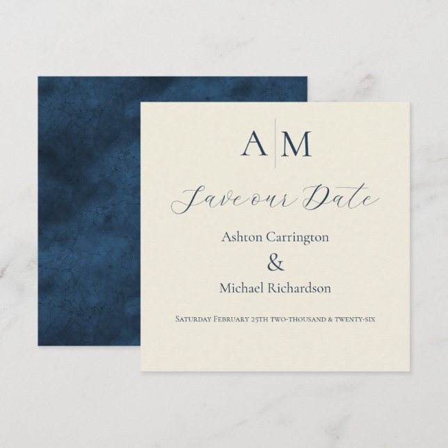Blue Ecru Monogram Modern Wedding  Save The Date (Front/Back)