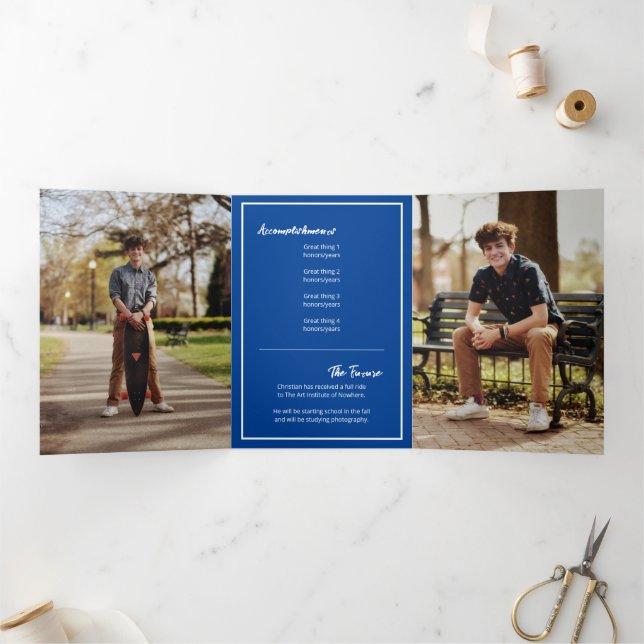 Blue Edgy Abstract Torn Photo Graduation Tri-Fold Invitation (Inside)