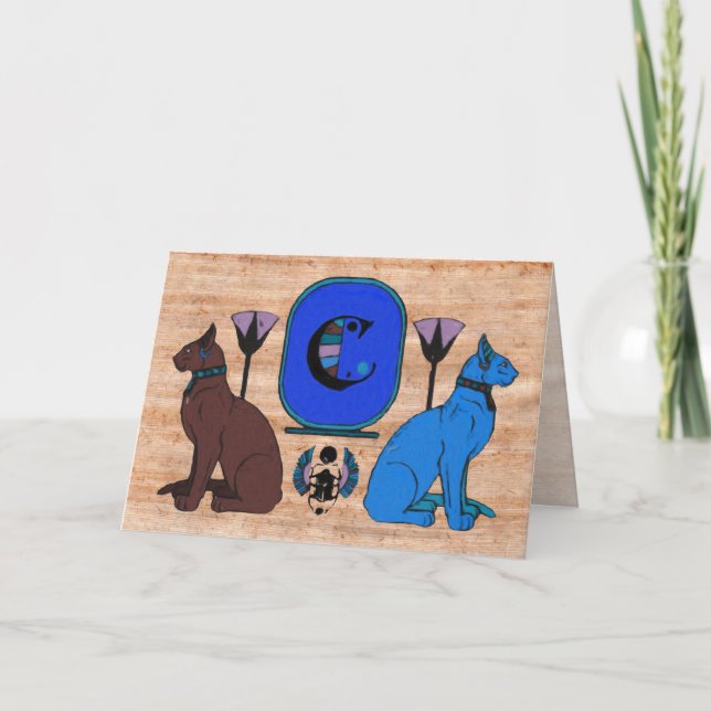 Blue Egyptian Cat Monogram Greeting Card: C Note Card (Front)