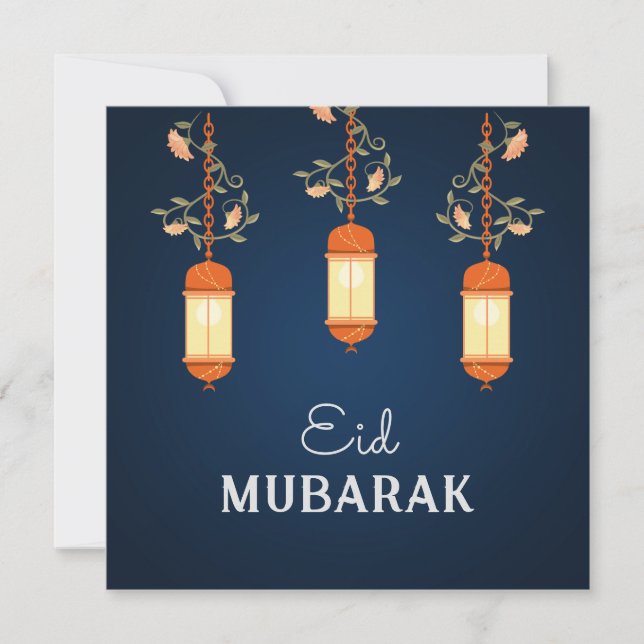 Blue Eid Mubarak Floral Lantern Islamic Holiday Card (Front)